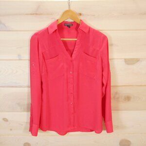 Express Women's S Portofino Dress Shirt Button Up Roll Tab Solid Bright Pink